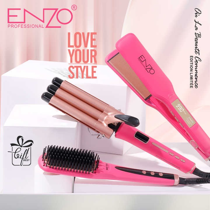 مجموعة ENZO 3 في 1 مع مكواة فرد الشعر ومشط فرد الشعر وثلاثة دلاء تجعيد الشعر