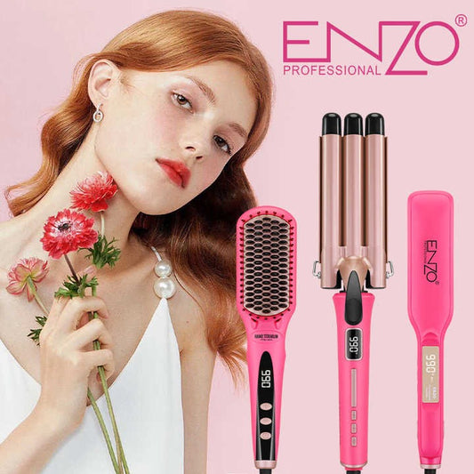 مجموعة ENZO 3 في 1 مع مكواة فرد الشعر ومشط فرد الشعر وثلاثة دلاء تجعيد الشعر